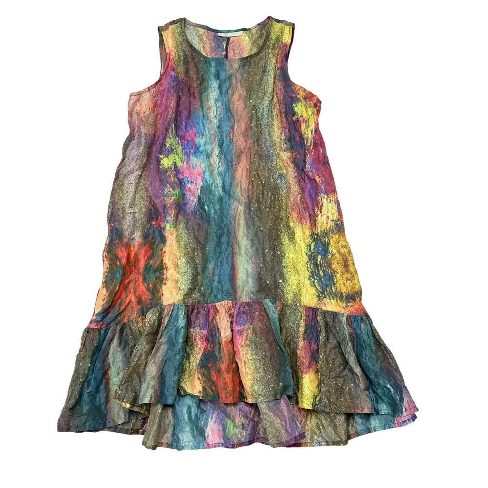 Bryn Walker Dress Size Large Zen Taffeta Nebulosa Abstract Cosmic Ruffled Hem - Picture 1 of 7